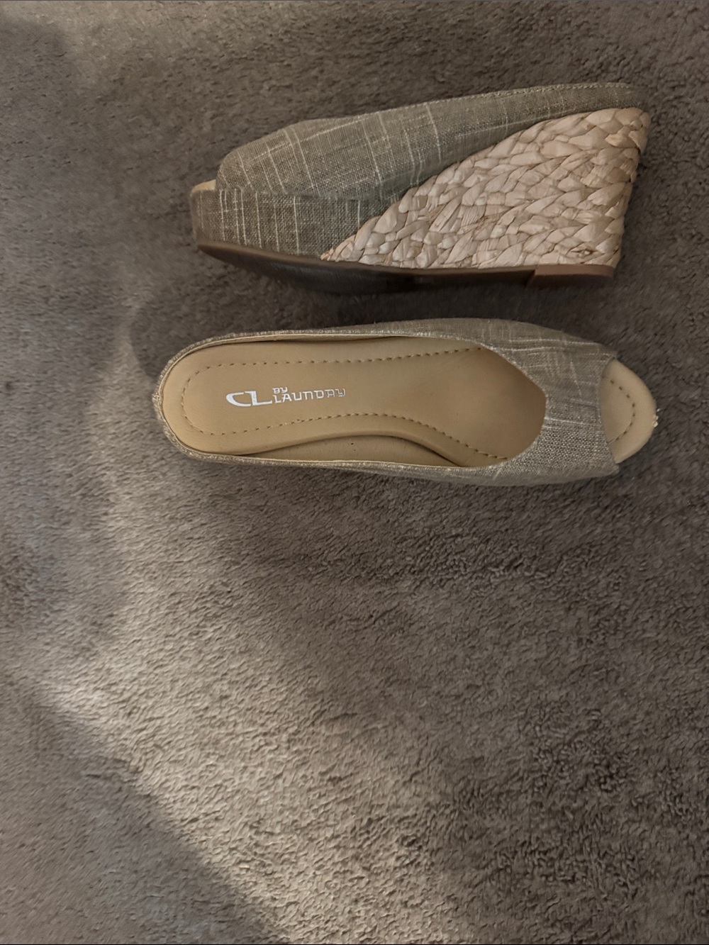 CL by Laundry Beige/Tan Linen Peep-Toe Wedge Sandals